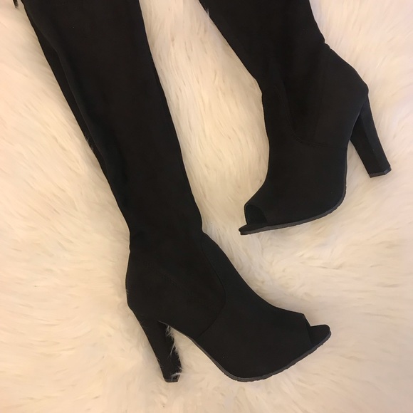 Elaine Over The Knee Peep Toe Black Suede Boots - Picture 4 of 8